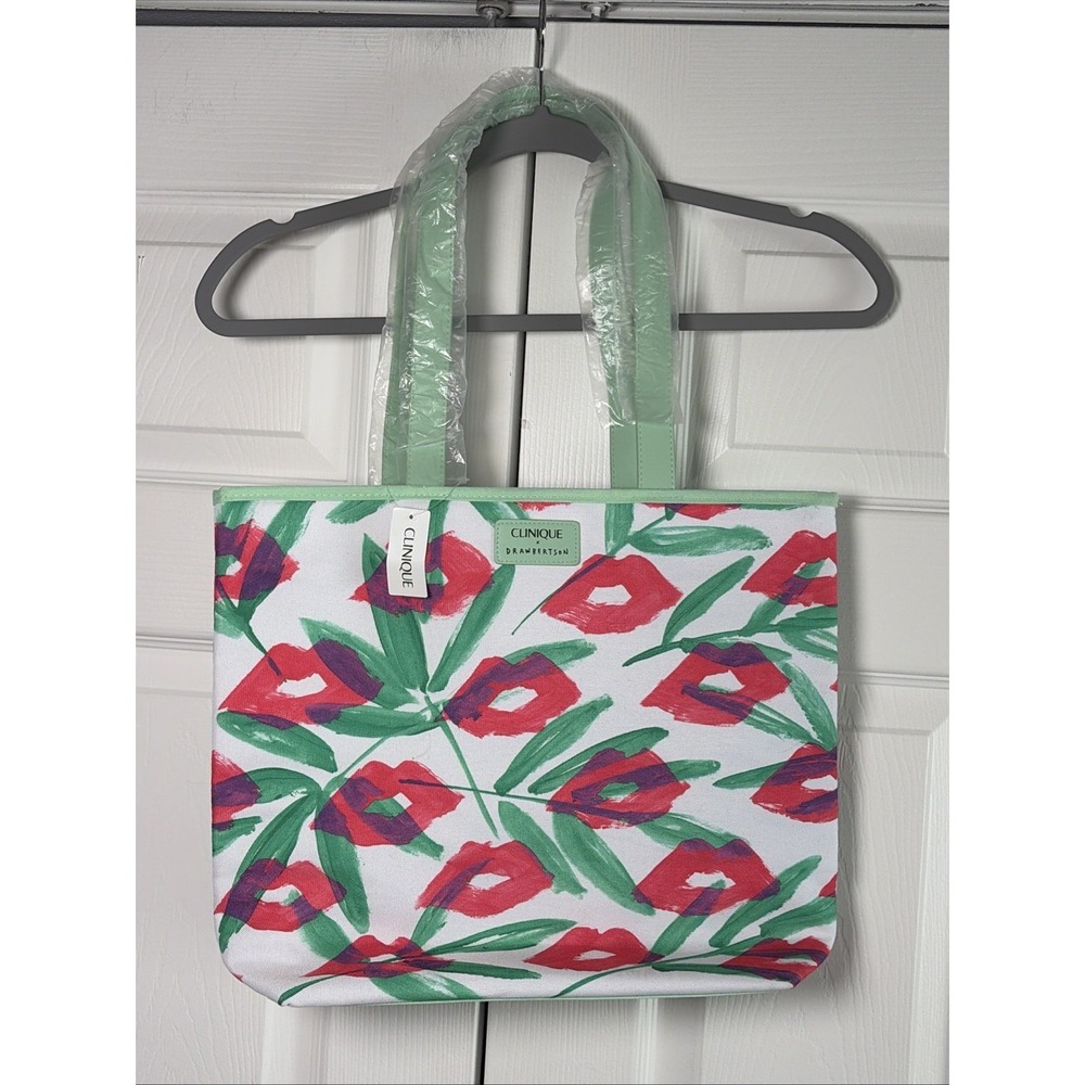 Clinique x Donald Robertson Tote Womens OS White Green Lips Pop Art Canvas Bag